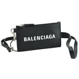 Balenciaga coin card case cash neck strap black leather key ring purse wallet